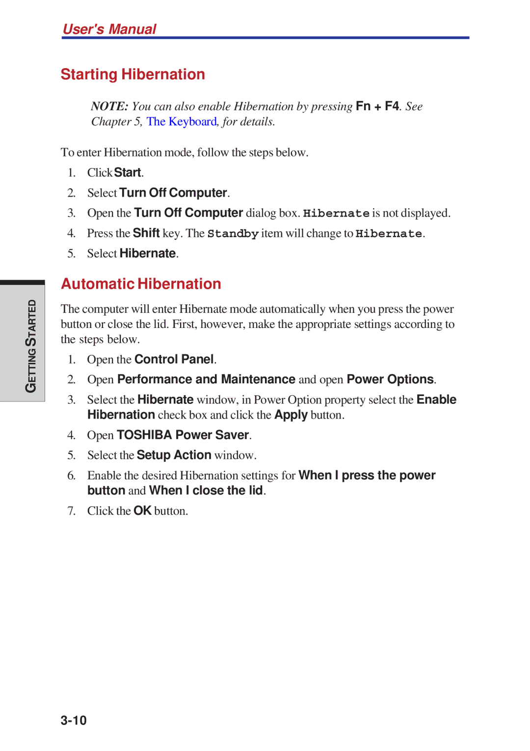 Toshiba A40 Series manual Starting Hibernation, Automatic Hibernation, Select Turn Off Computer, Select Hibernate 