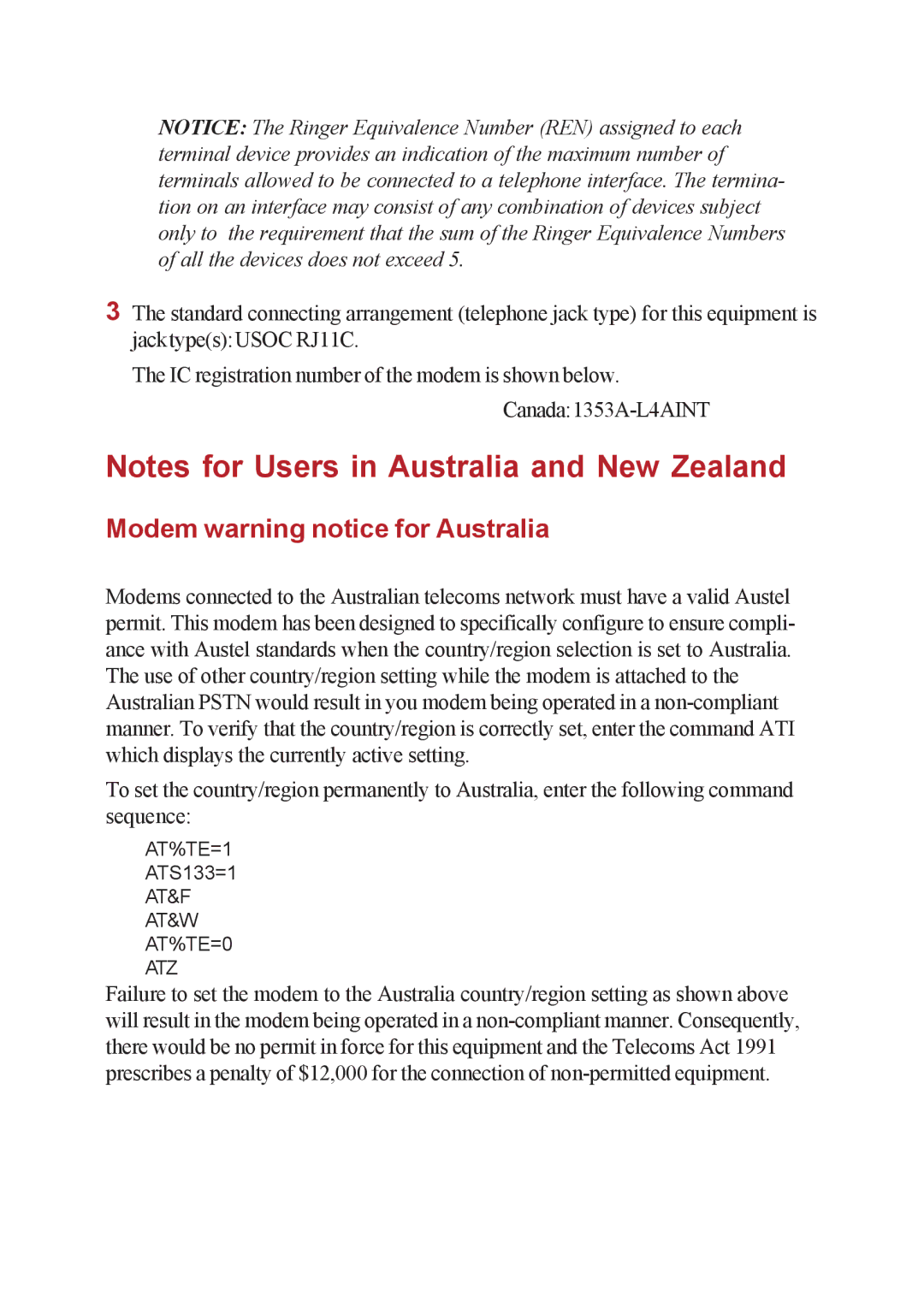 Toshiba A40 Series manual Modem warning notice for Australia, AT&F AT&W AT%TE=0 ATZ 