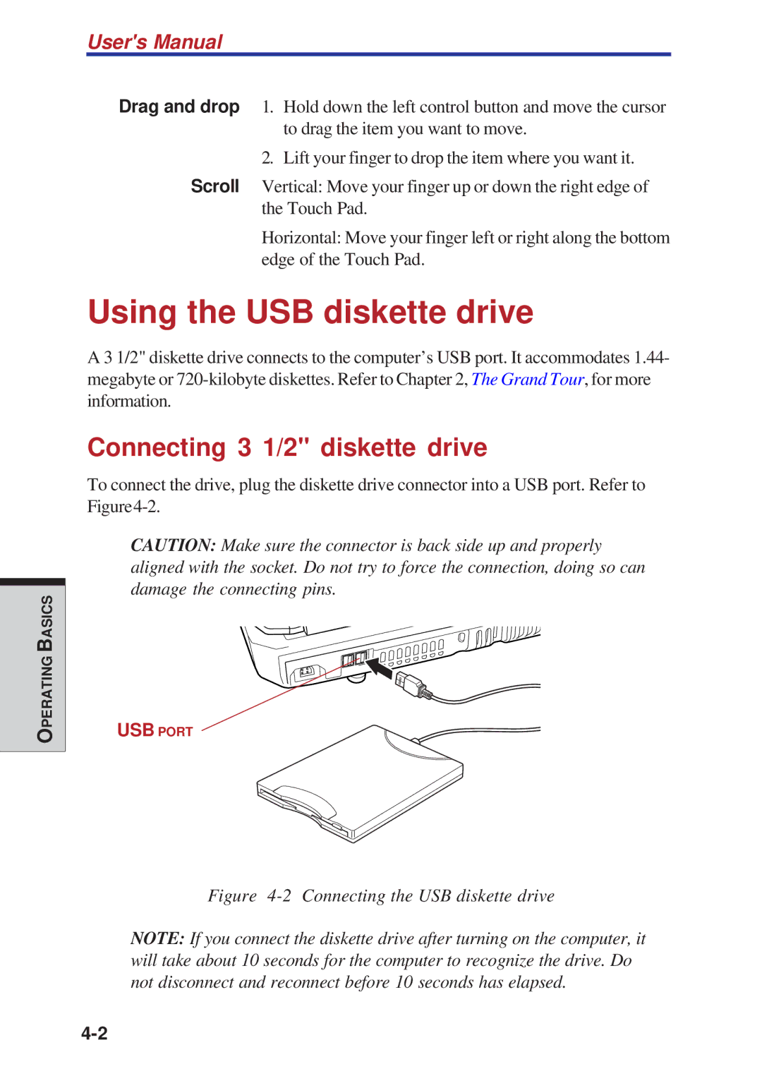 Toshiba A40 Series manual Using the USB diskette drive, Connecting 3 1/2 diskette drive 