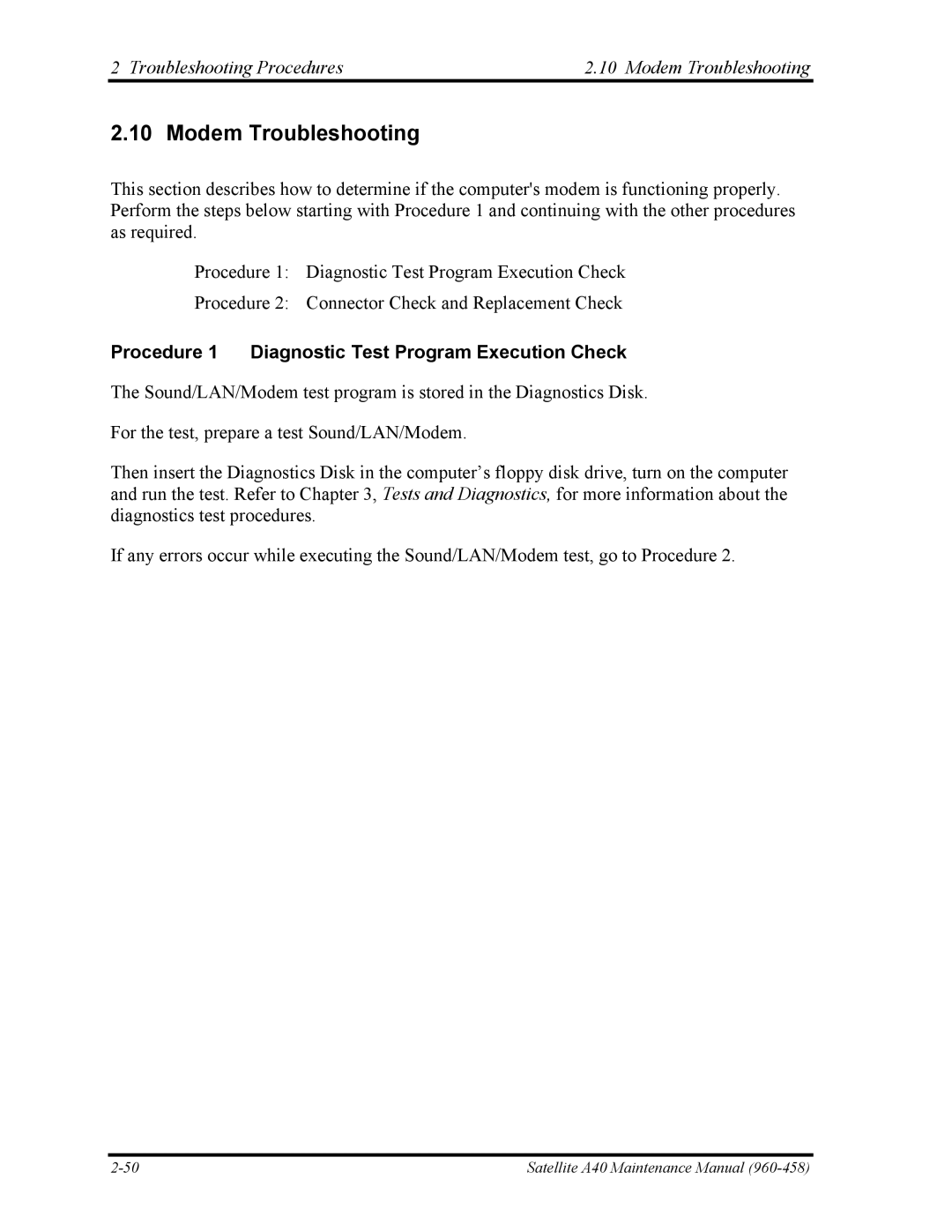 Toshiba A40 manual Troubleshooting Procedures Modem Troubleshooting 