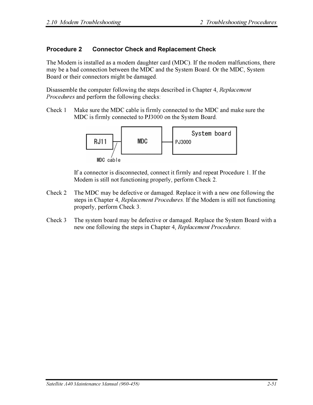 Toshiba A40 manual Modem Troubleshooting Troubleshooting Procedures 