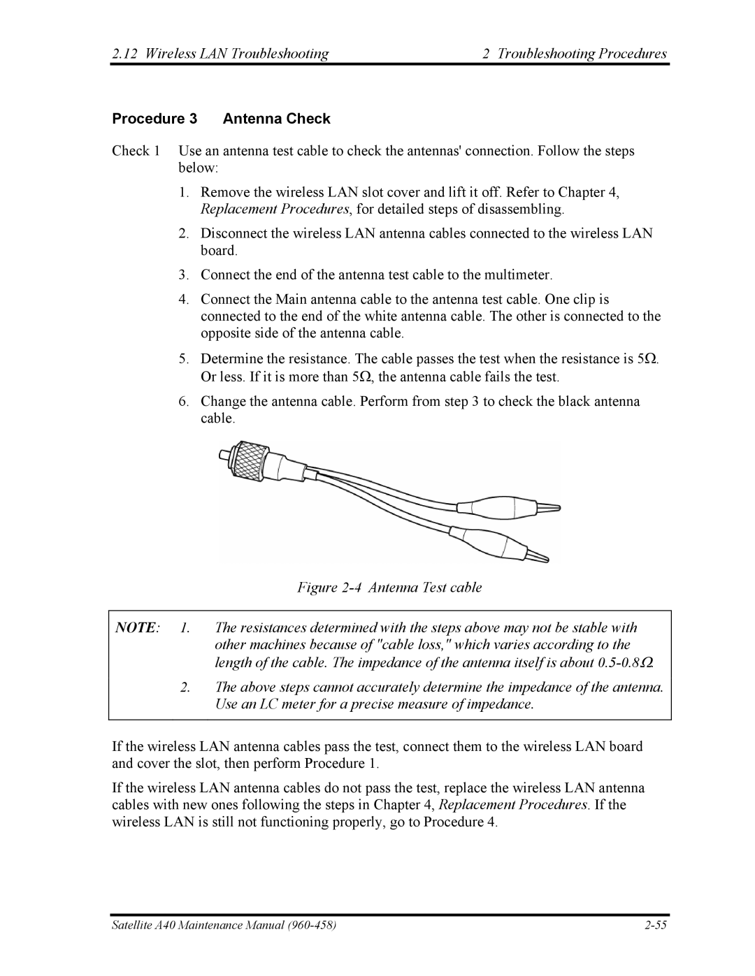 Toshiba A40 manual Procedure 3 Antenna Check, Antenna Test cable 