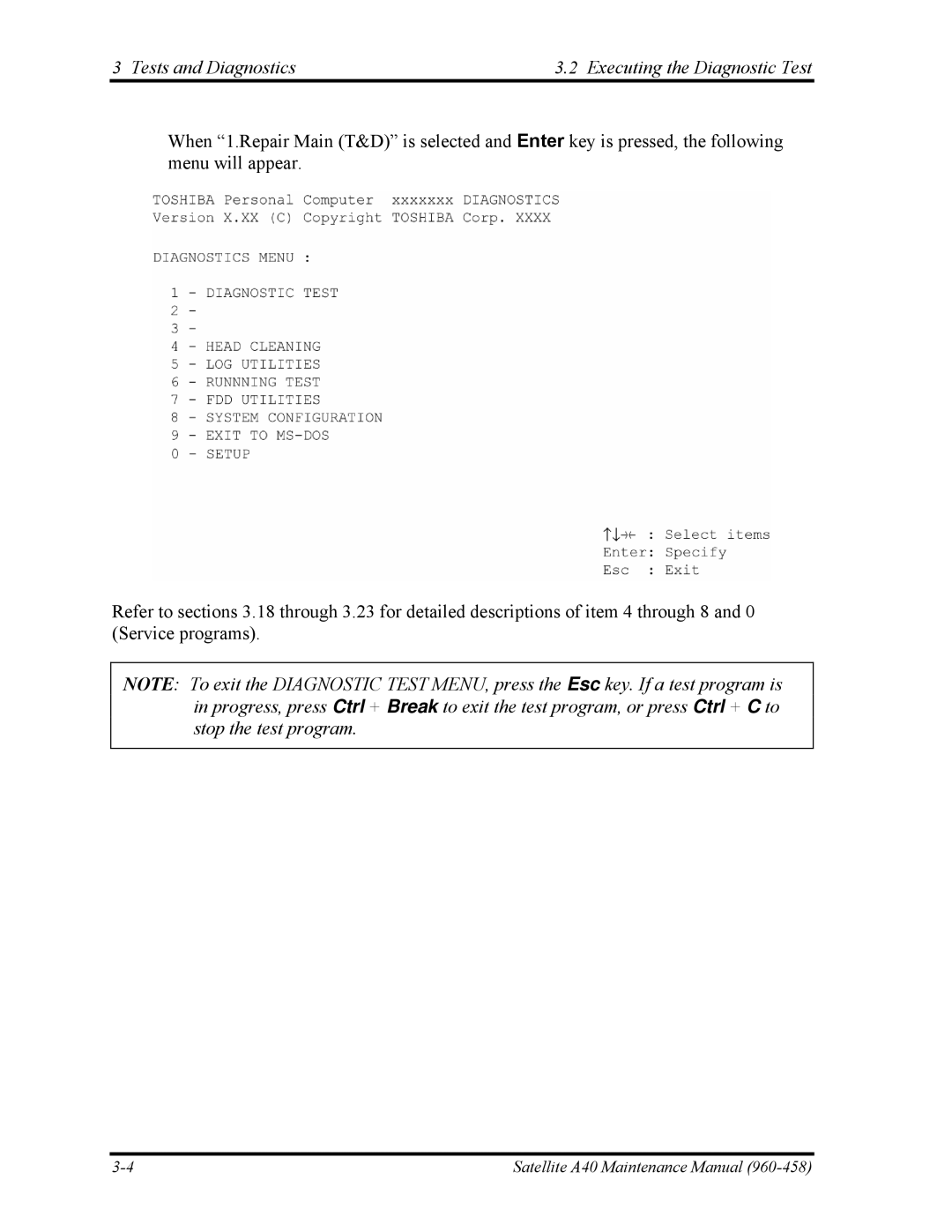 Toshiba A40 manual Tests and Diagnostics Executing the Diagnostic Test 