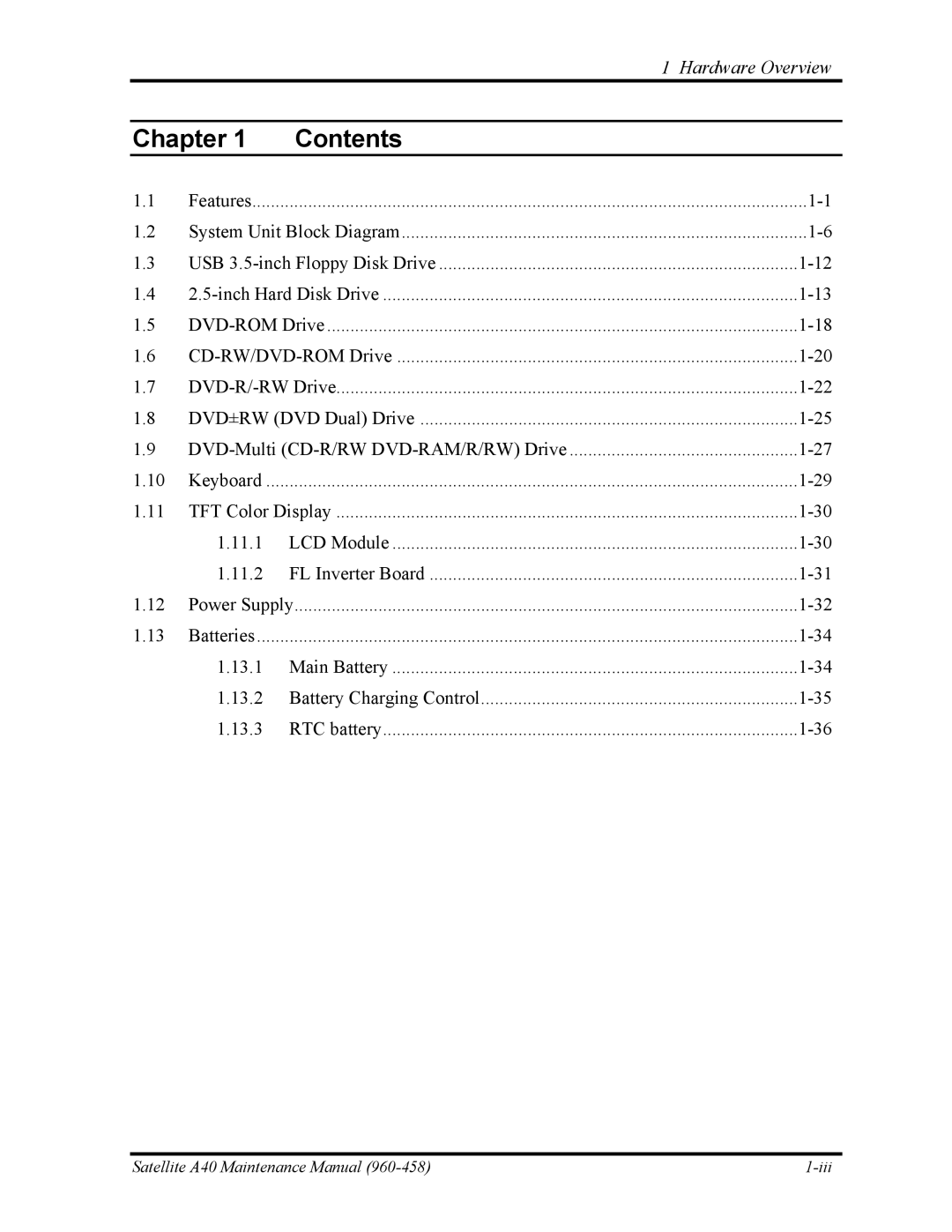 Toshiba A40 manual Chapter Contents 