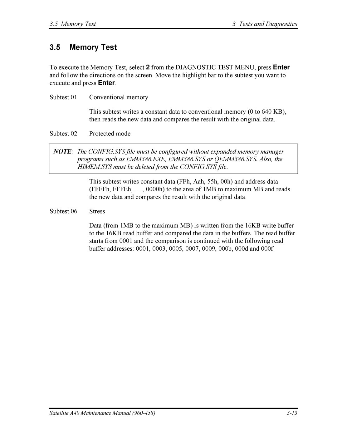 Toshiba A40 manual Memory Test Tests and Diagnostics 