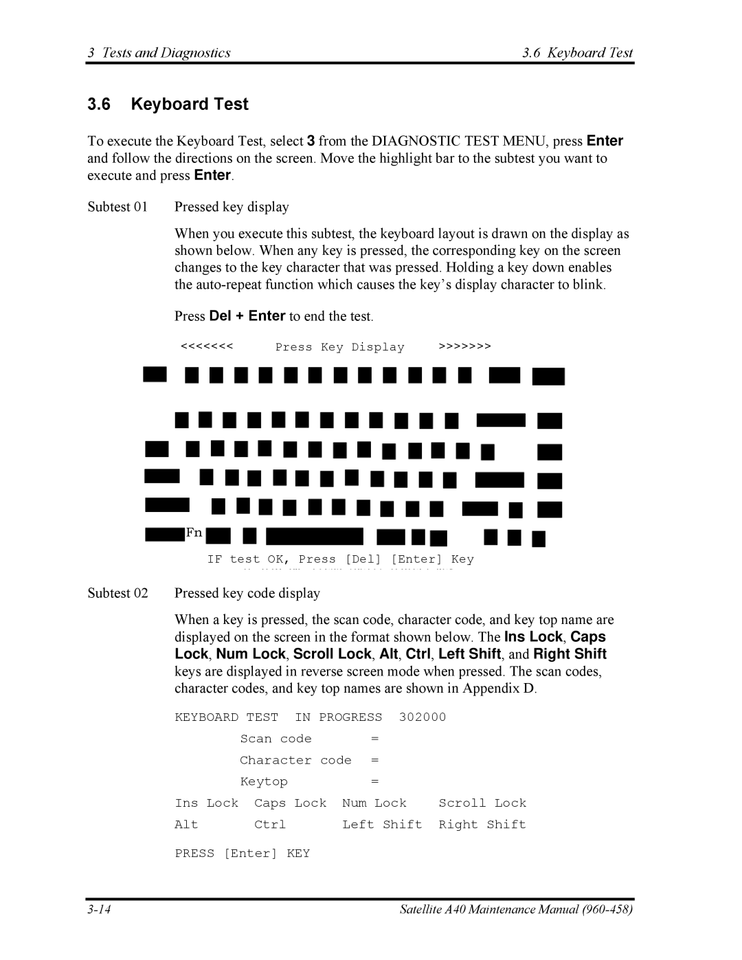 Toshiba A40 manual Tests and Diagnostics Keyboard Test 