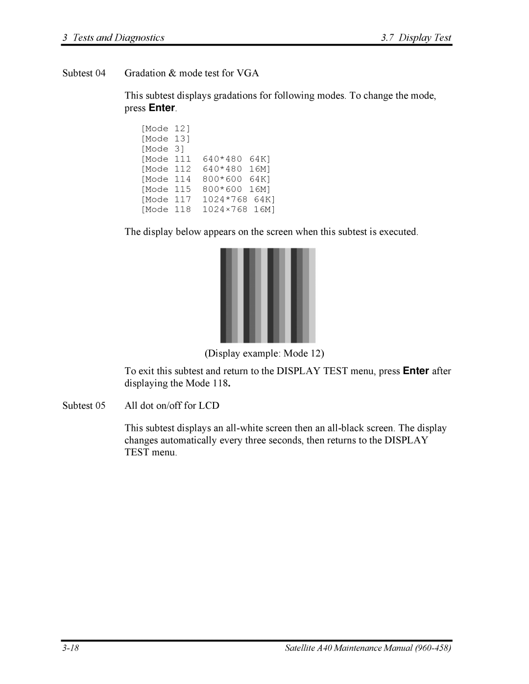 Toshiba A40 manual Tests and Diagnostics Display Test 