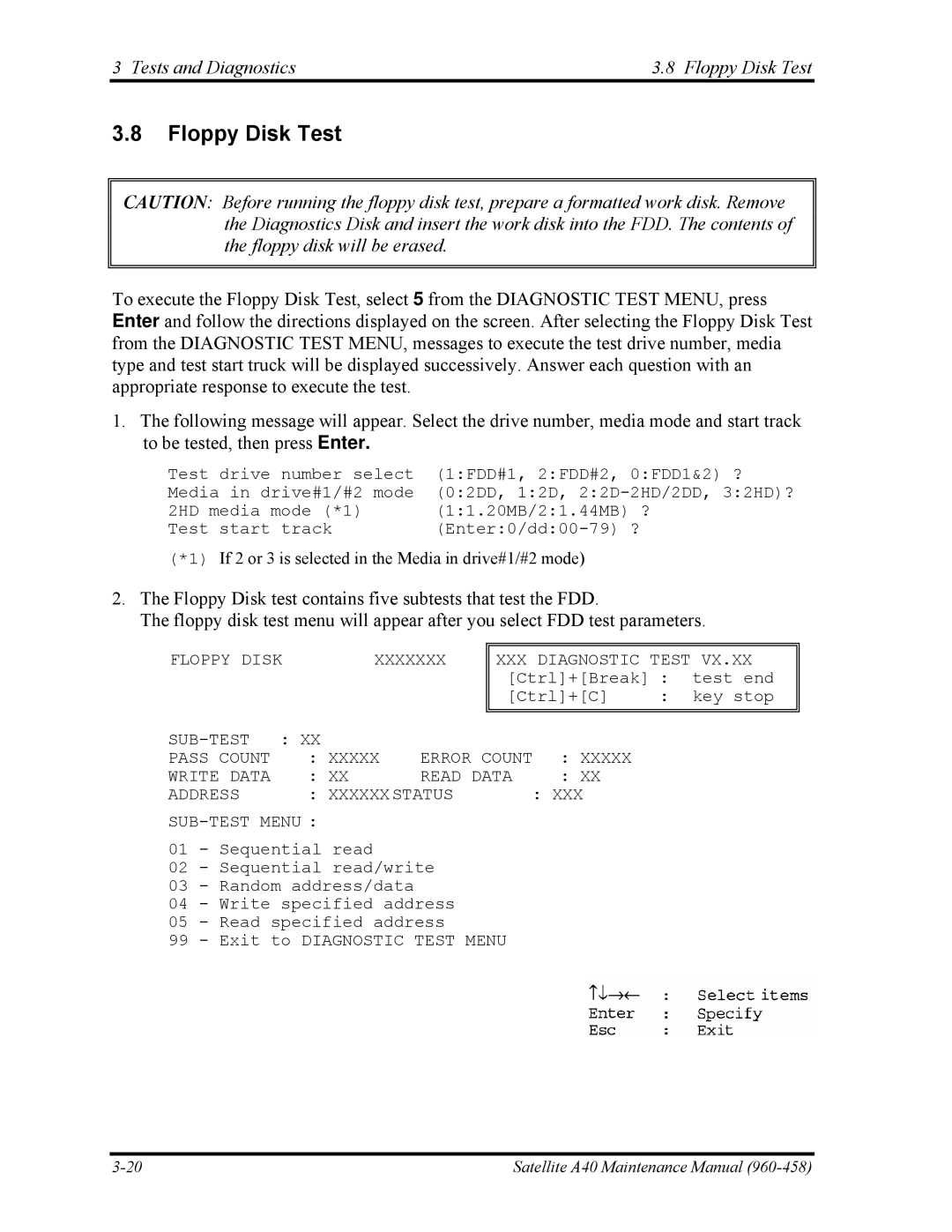 Toshiba A40 manual Tests and Diagnostics Floppy Disk Test 