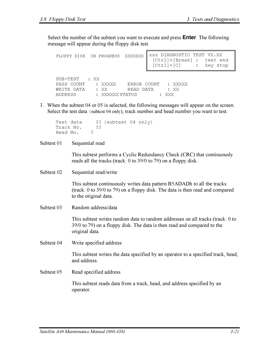 Toshiba A40 manual Floppy Disk Test Tests and Diagnostics 