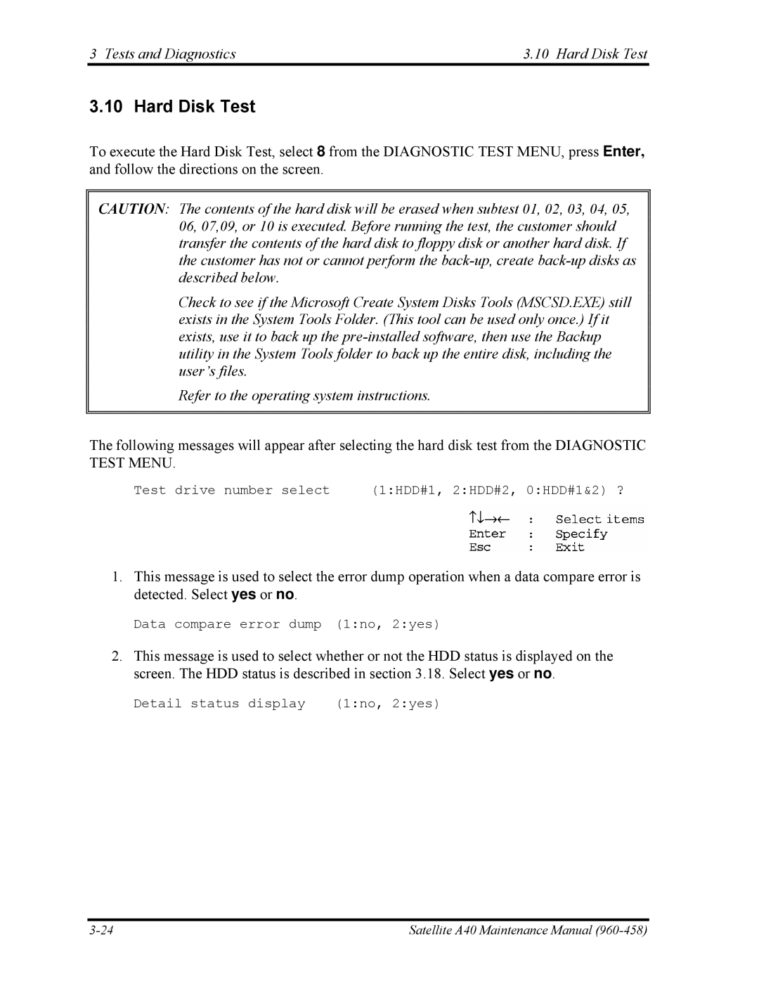 Toshiba A40 manual Tests and Diagnostics Hard Disk Test 