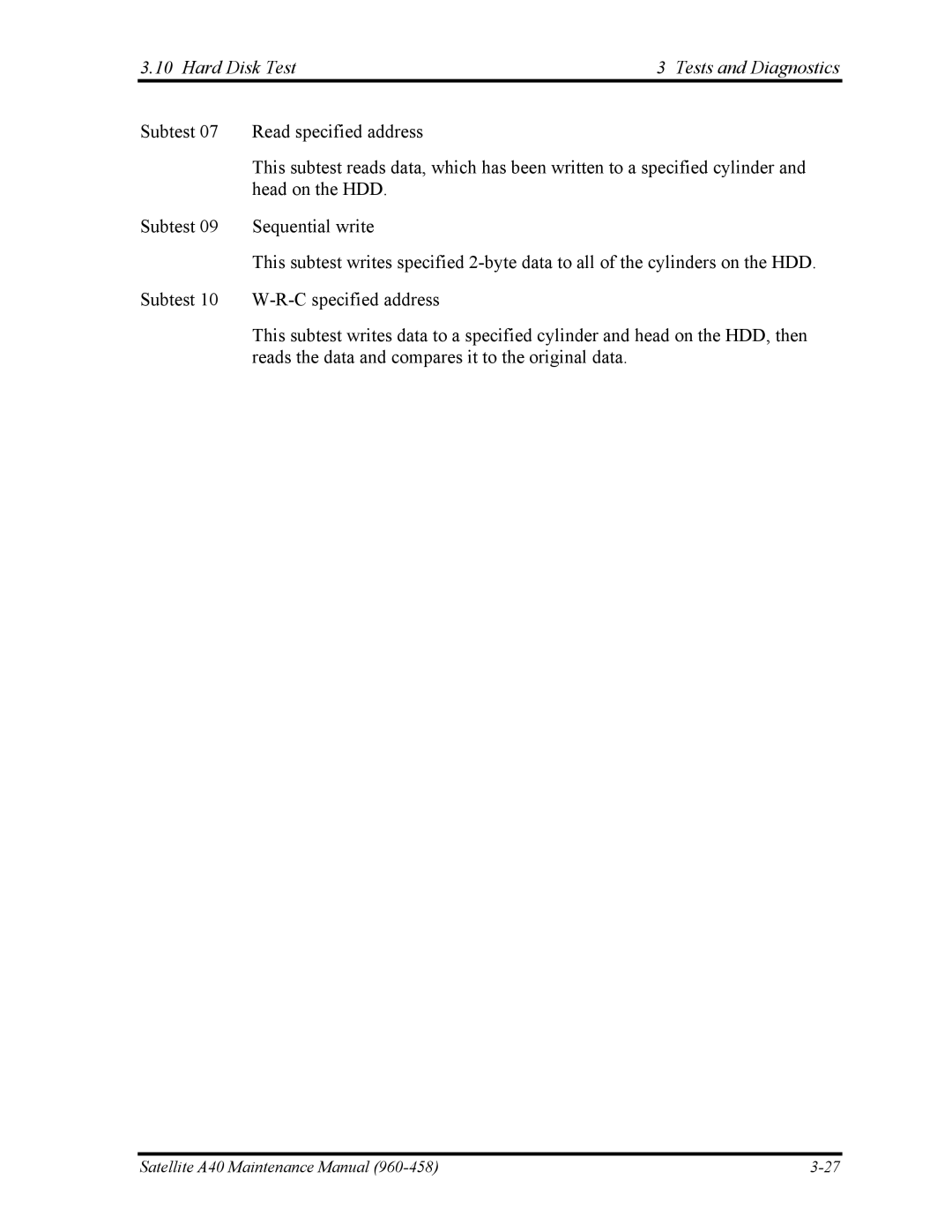 Toshiba A40 manual Hard Disk Test Tests and Diagnostics 