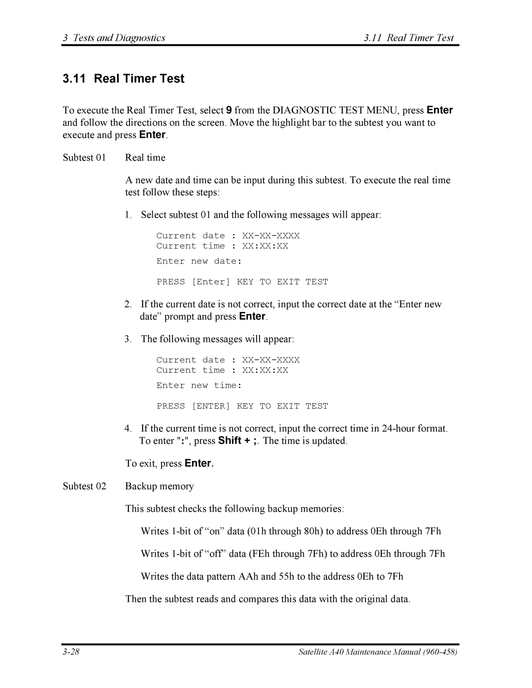 Toshiba A40 manual Tests and Diagnostics Real Timer Test 