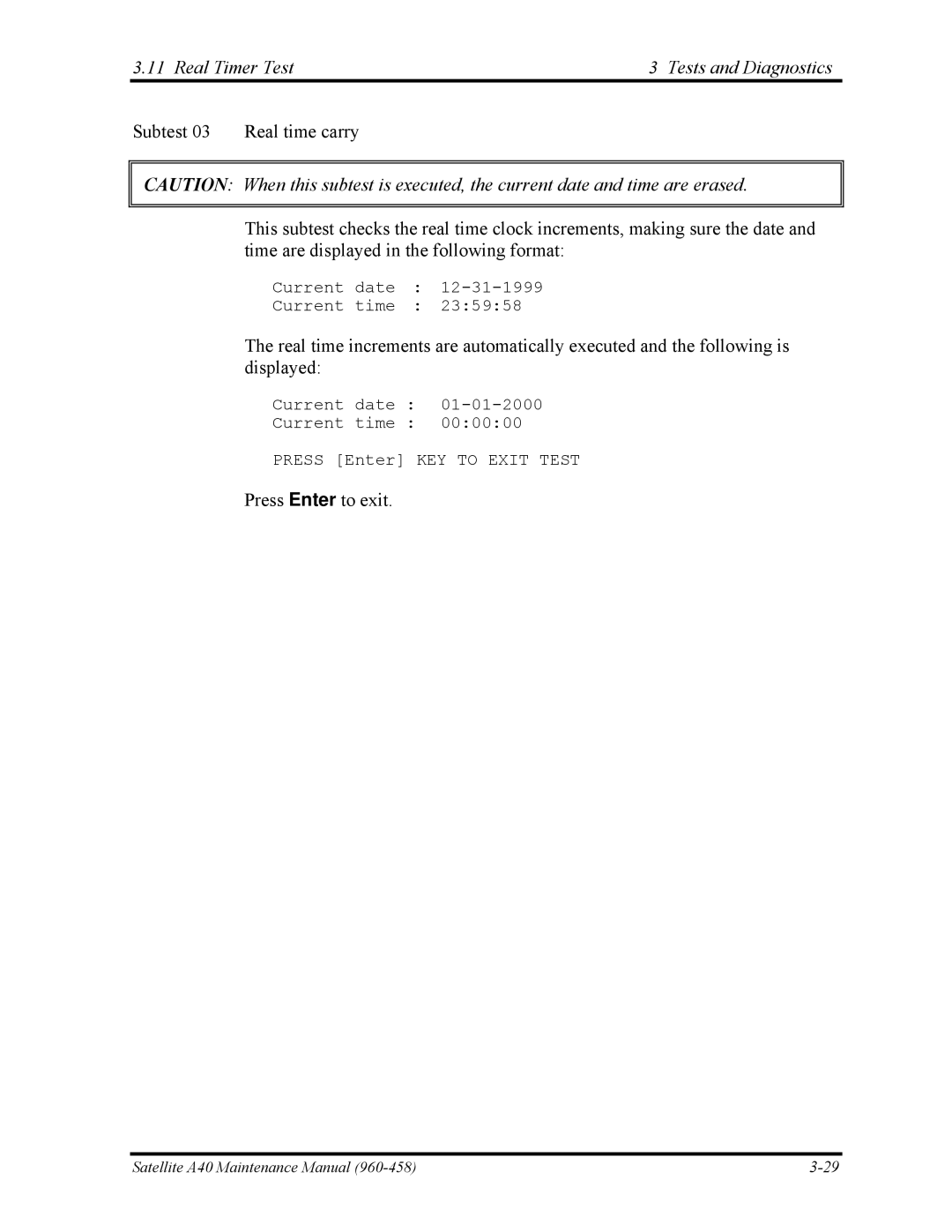 Toshiba A40 manual Real Timer Test Tests and Diagnostics 