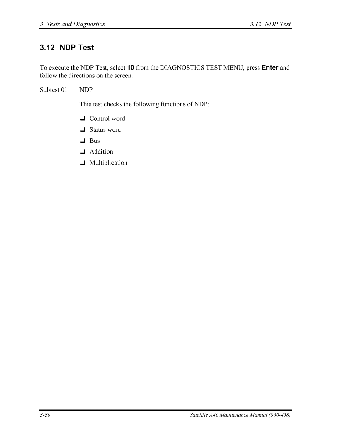Toshiba A40 manual Tests and Diagnostics NDP Test 