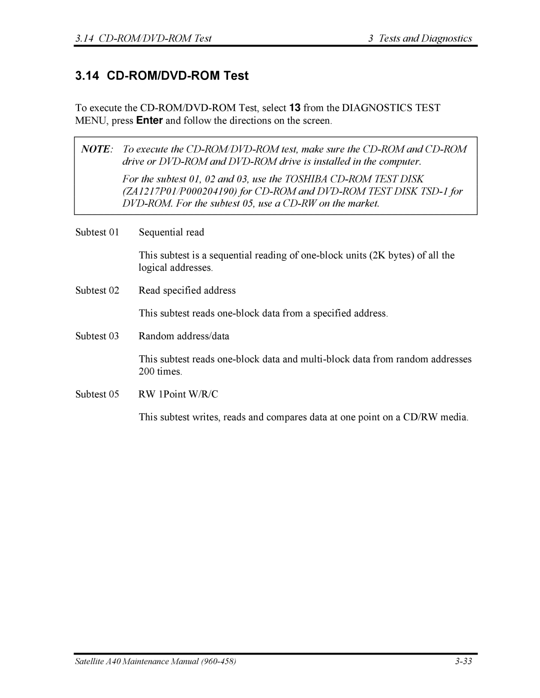 Toshiba A40 manual CD-ROM/DVD-ROM Test Tests and Diagnostics 