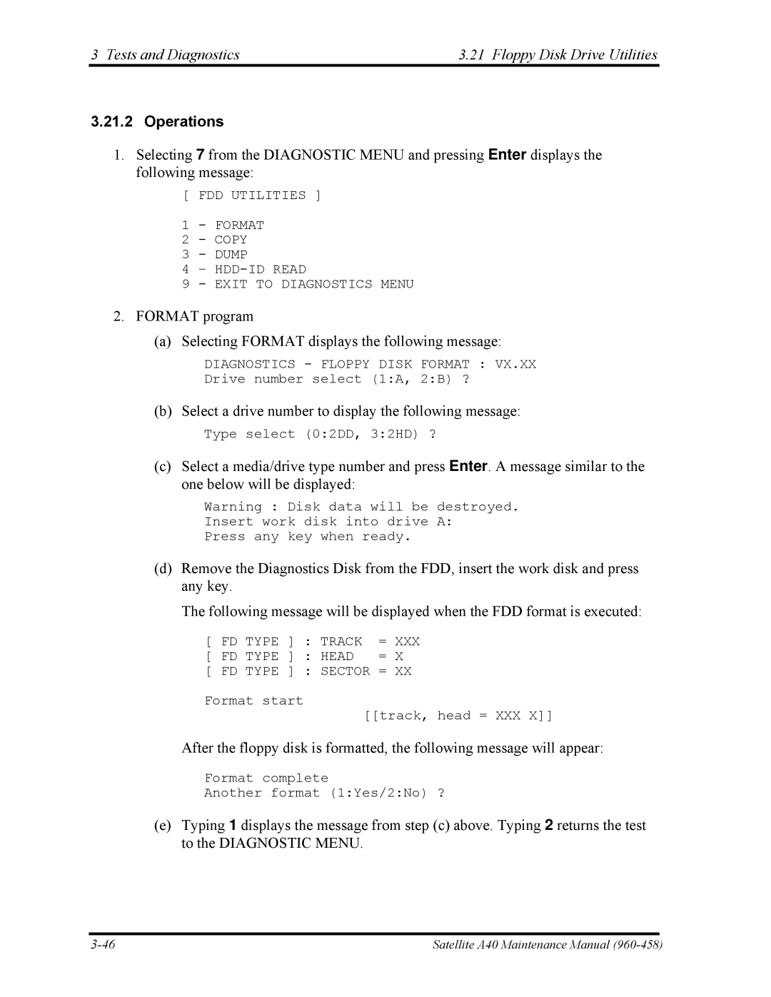 Toshiba A40 manual Tests and Diagnostics Floppy Disk Drive Utilities, Operations 