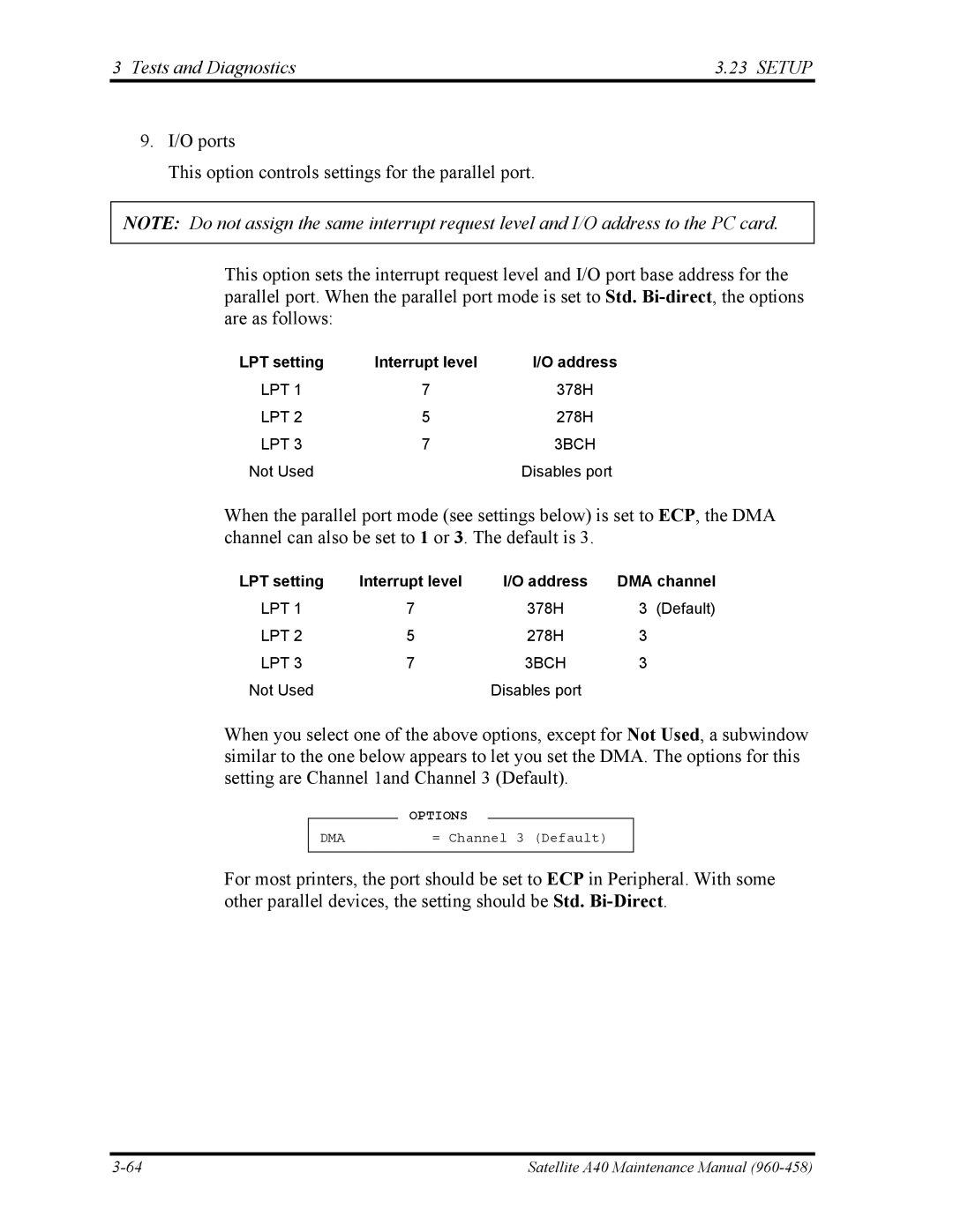 Toshiba A40 manual LPT setting, Lpt, LPT 3BCH, Address DMA channel 