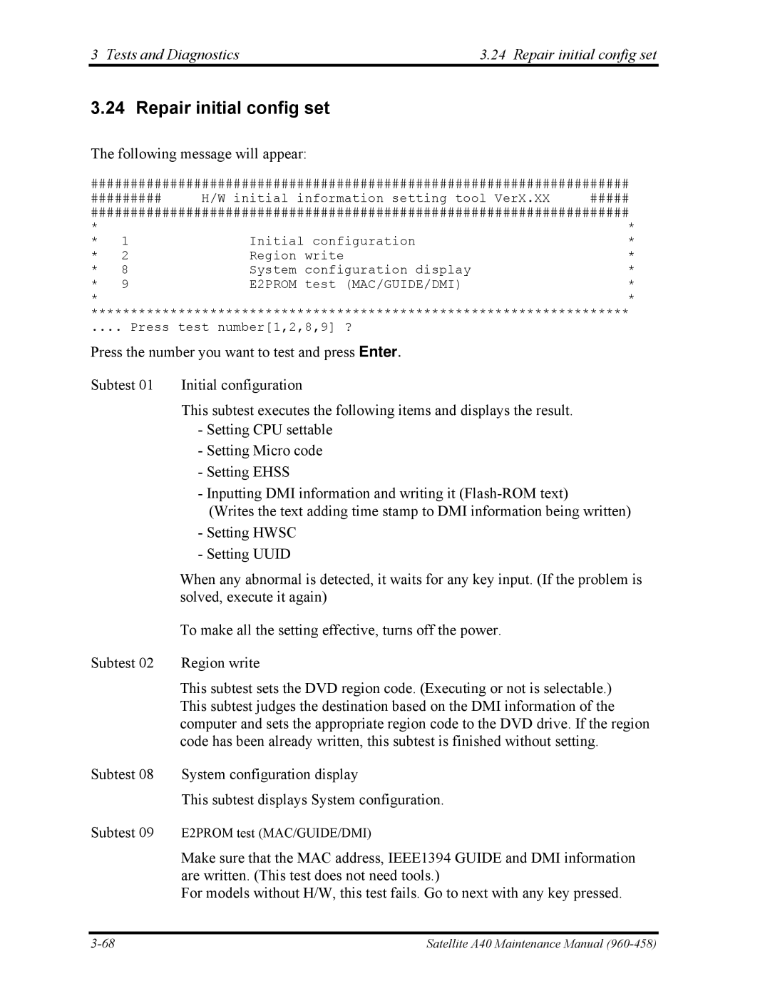 Toshiba A40 manual Tests and Diagnostics Repair initial config set 