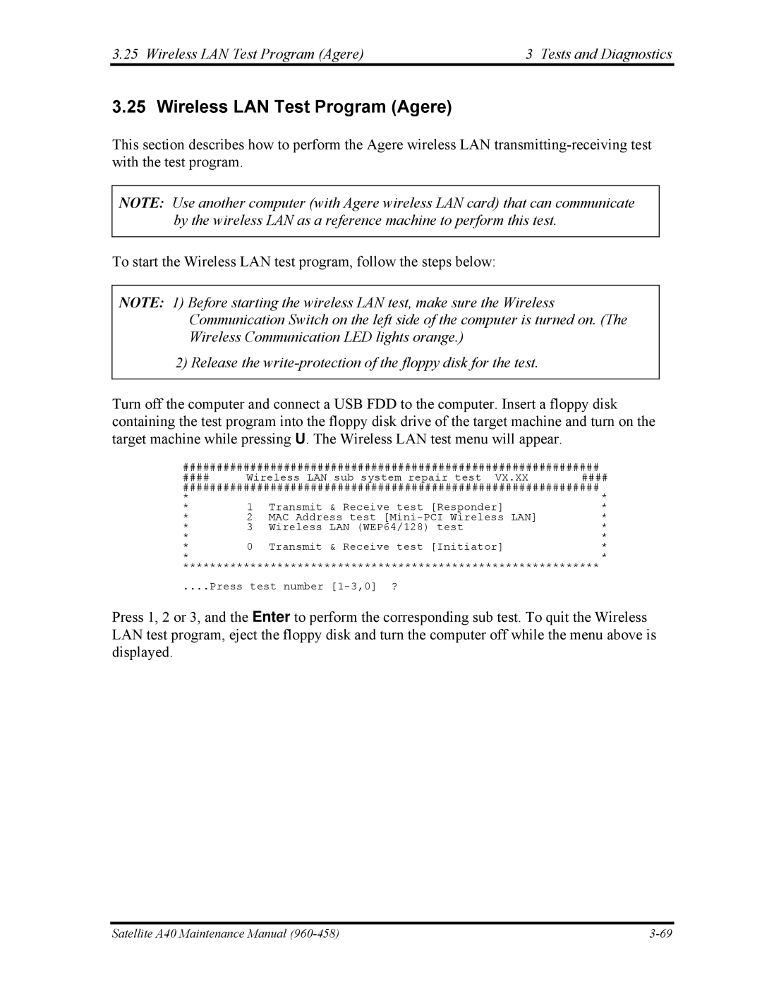 Toshiba A40 manual Wireless LAN Test Program Agere Tests and Diagnostics 