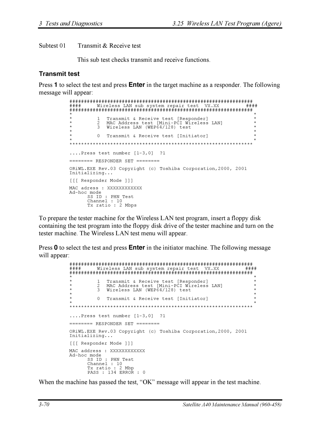 Toshiba A40 manual Tests and Diagnostics Wireless LAN Test Program Agere, Transmit test 