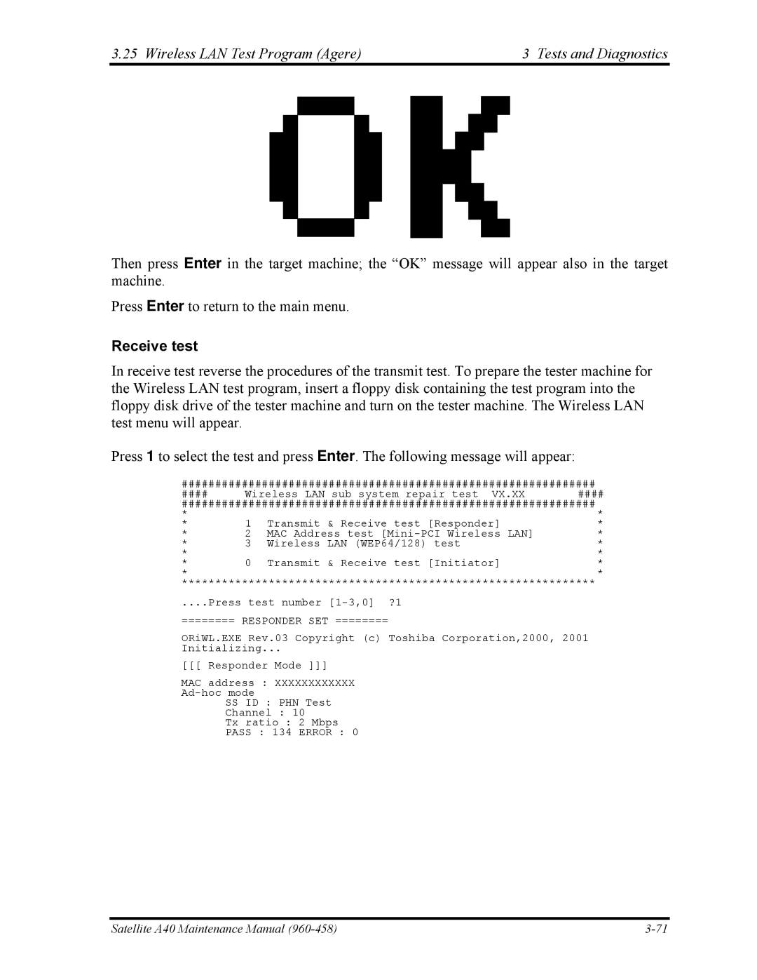 Toshiba A40 manual Receive test 