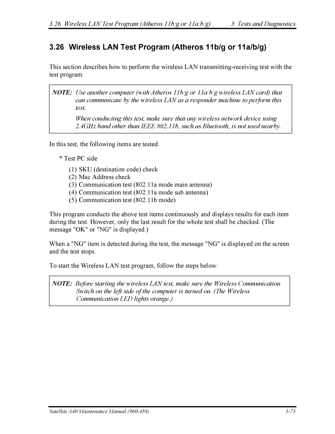 Toshiba A40 manual Wireless LAN Test Program Atheros 11b/g or 11a/b/g 