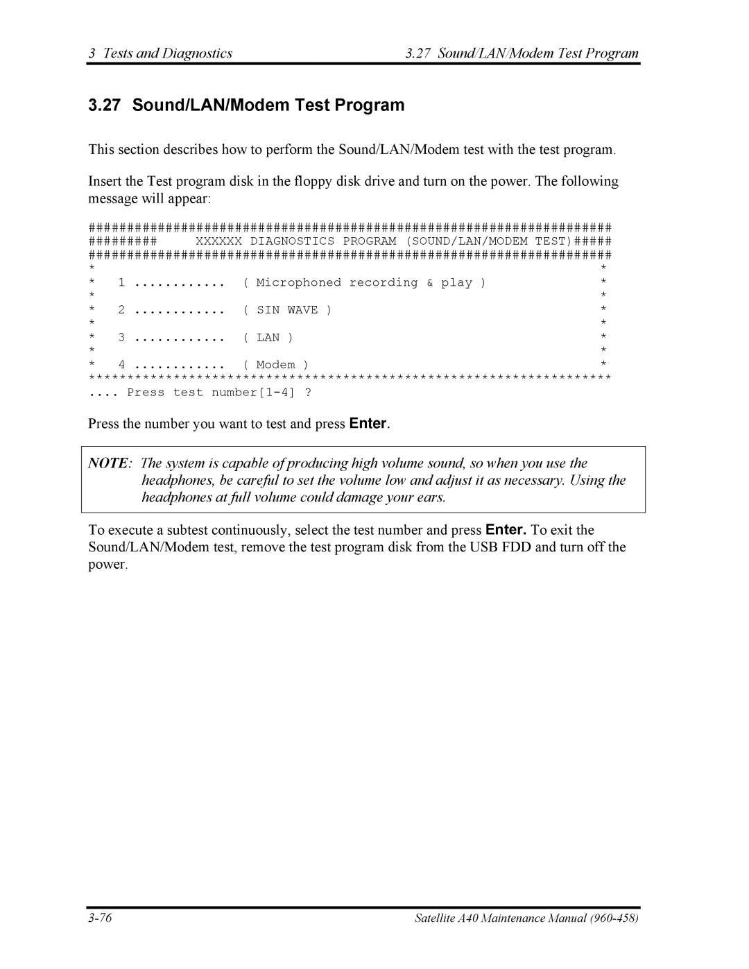 Toshiba A40 manual Tests and Diagnostics Sound/LAN/Modem Test Program 