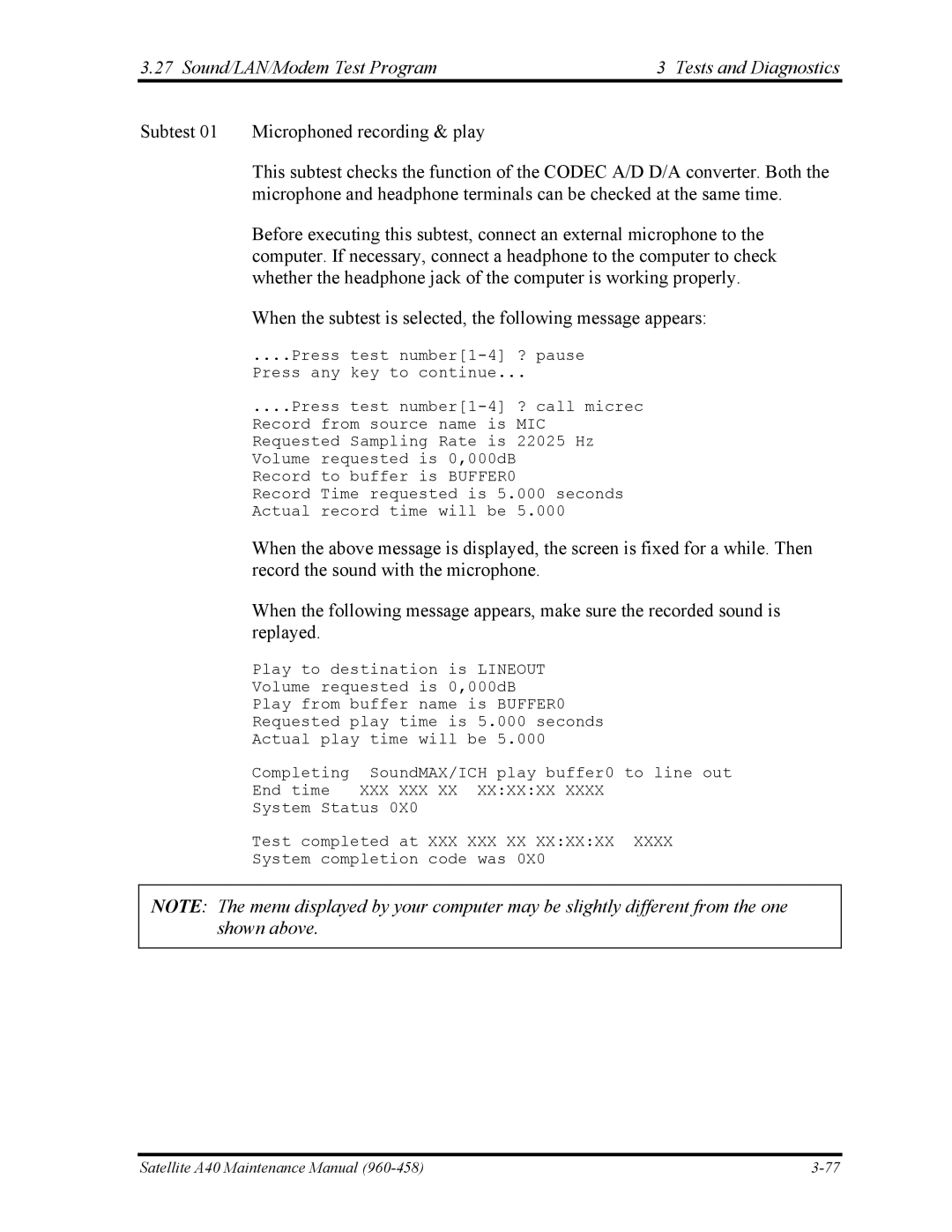 Toshiba A40 manual Sound/LAN/Modem Test Program Tests and Diagnostics, Mic 