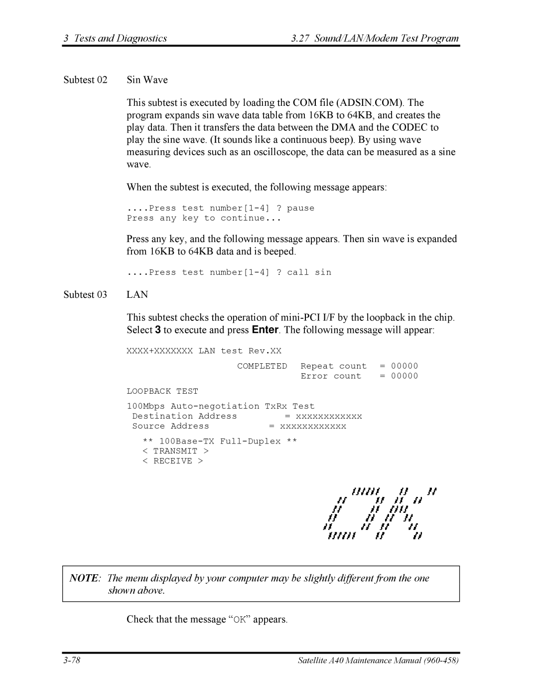 Toshiba A40 manual From 16KB to 64KB data and is beeped, Lan 