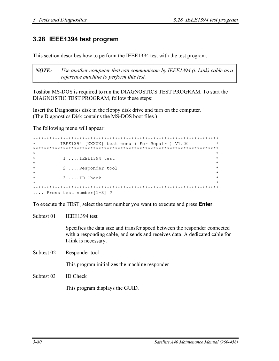 Toshiba A40 manual Tests and Diagnostics IEEE1394 test program 