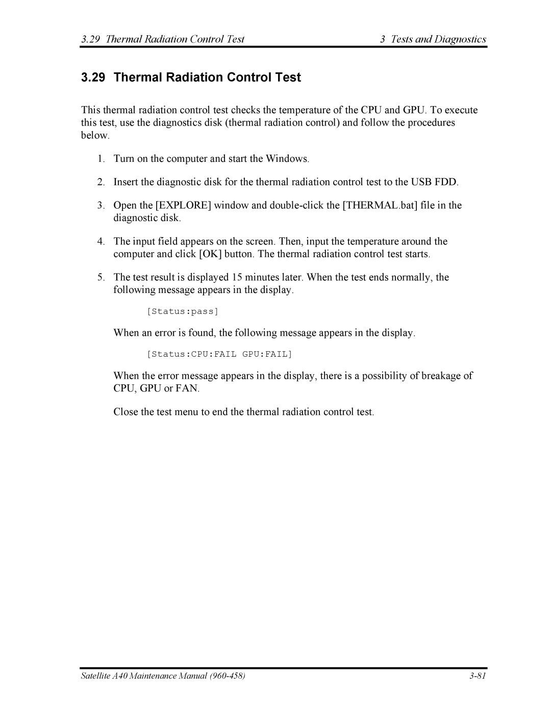 Toshiba A40 manual Thermal Radiation Control Test Tests and Diagnostics 