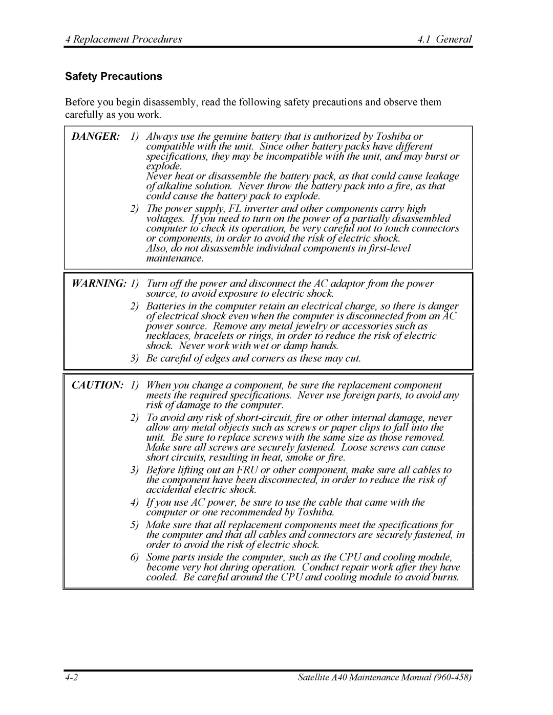 Toshiba A40 manual Replacement Procedures General, Safety Precautions 