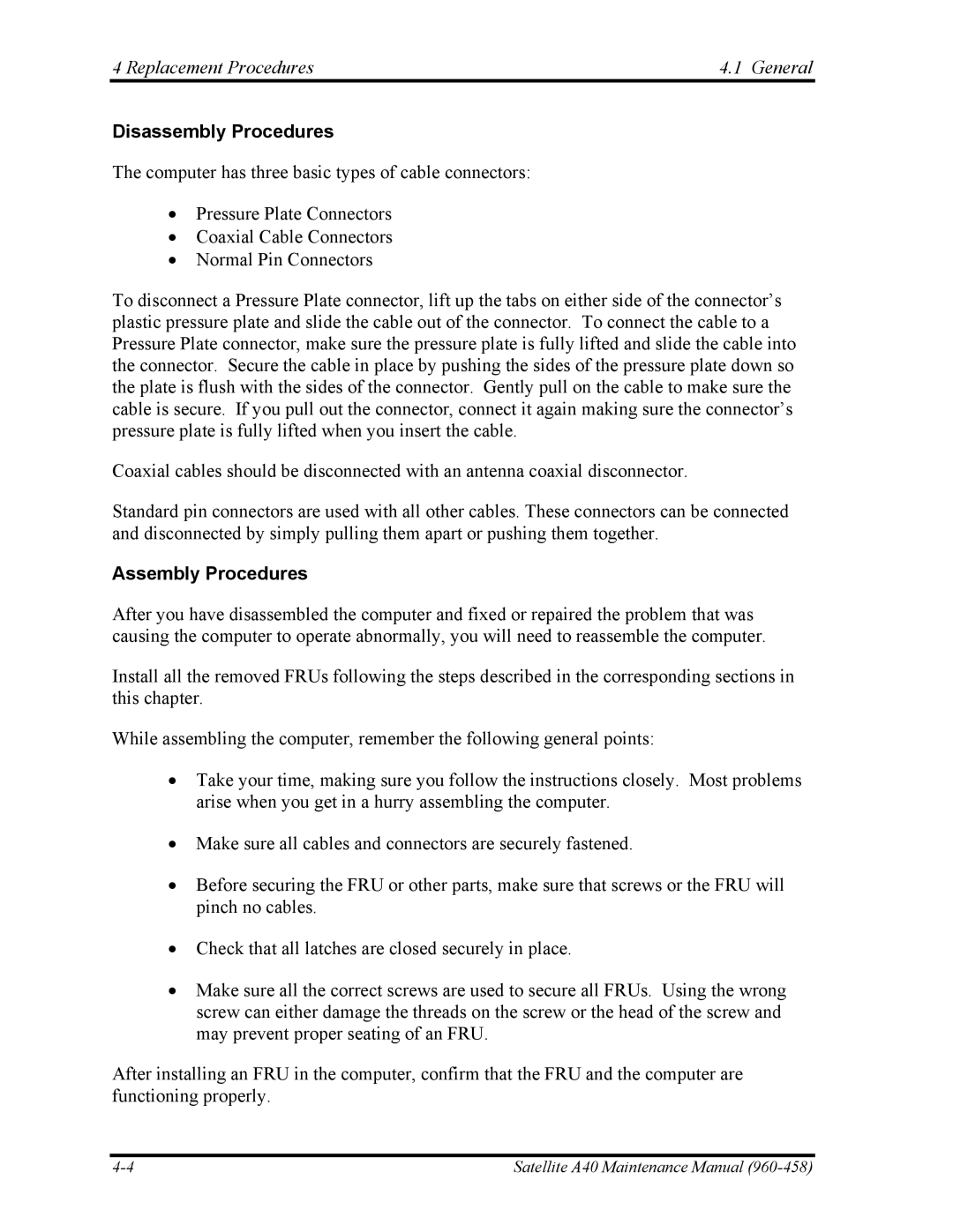 Toshiba A40 manual Disassembly Procedures, Assembly Procedures 