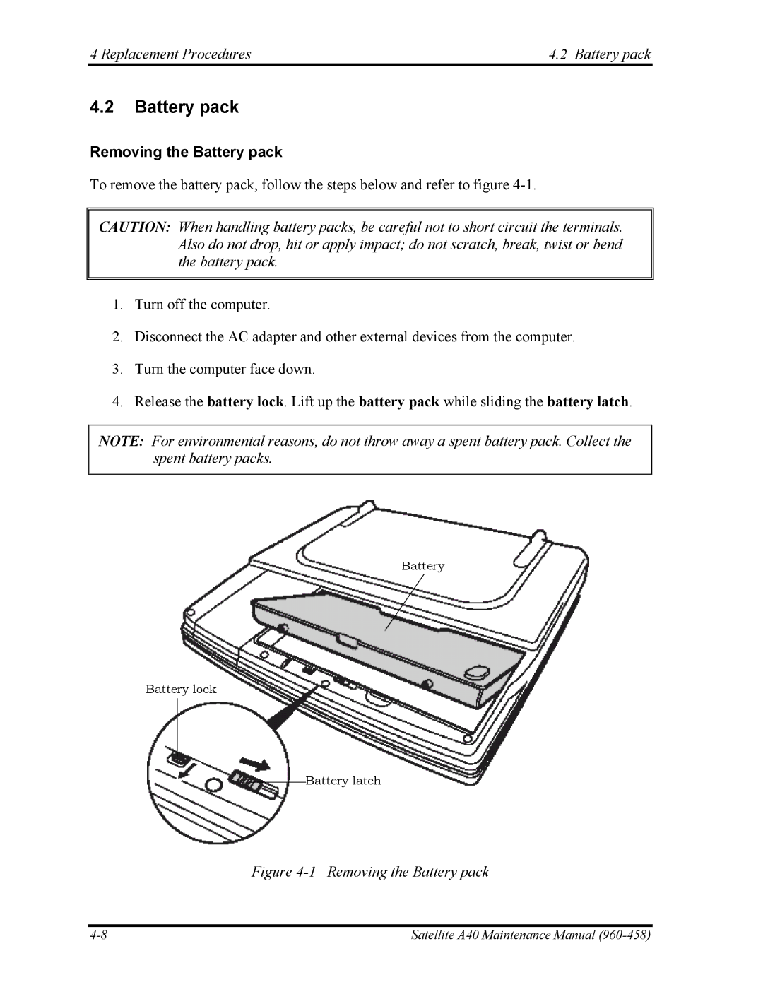 Toshiba A40 manual Replacement Procedures Battery pack, Removing the Battery pack 