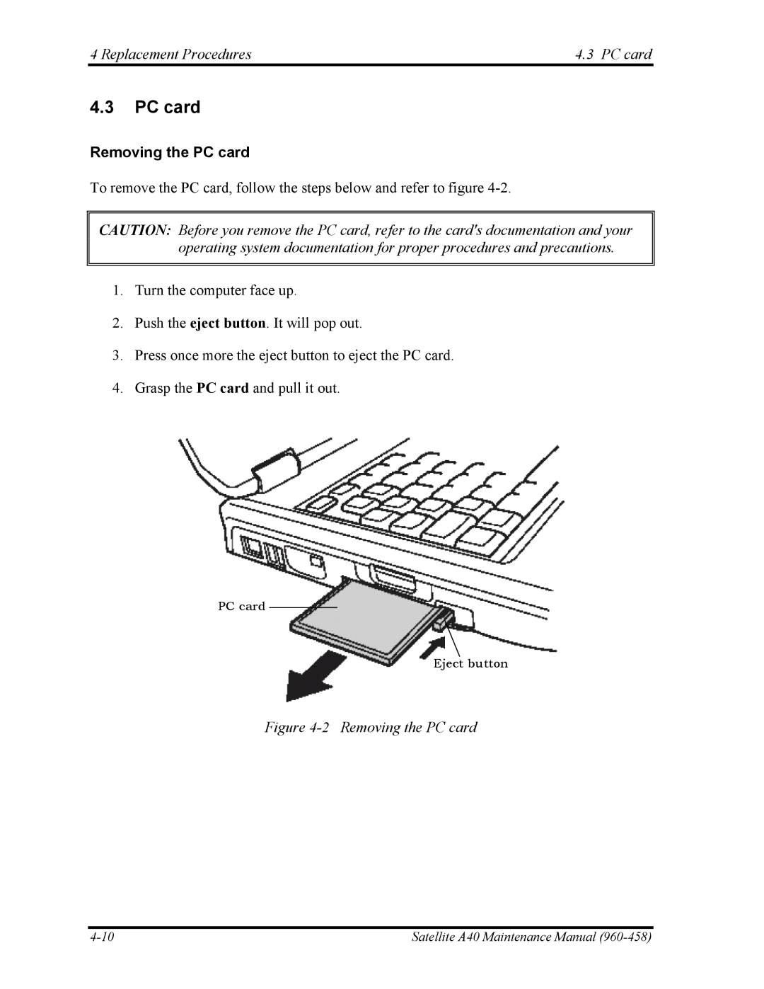 Toshiba A40 manual Replacement Procedures PC card, Removing the PC card 