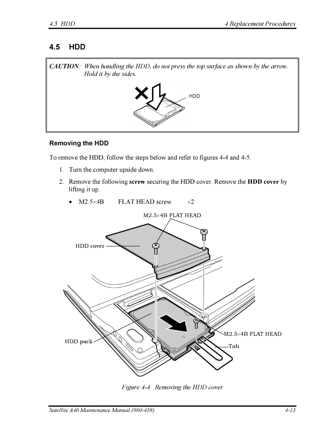 Toshiba A40 manual Hdd, HDD Replacement Procedures, Removing the HDD 