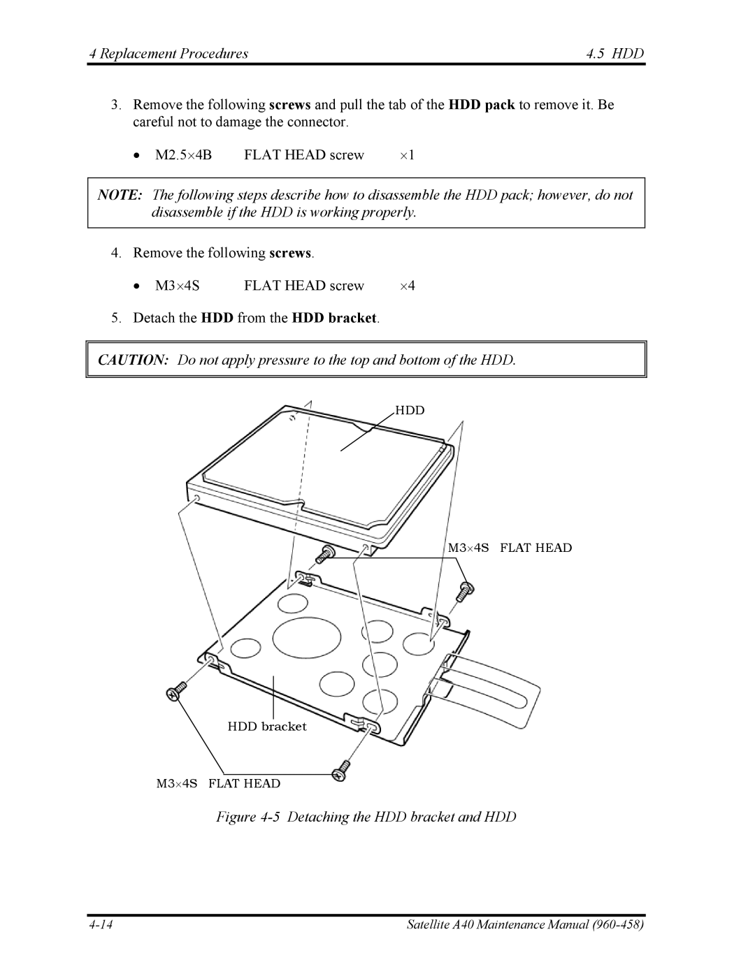 Toshiba A40 manual Replacement Procedures HDD, Detaching the HDD bracket and HDD 