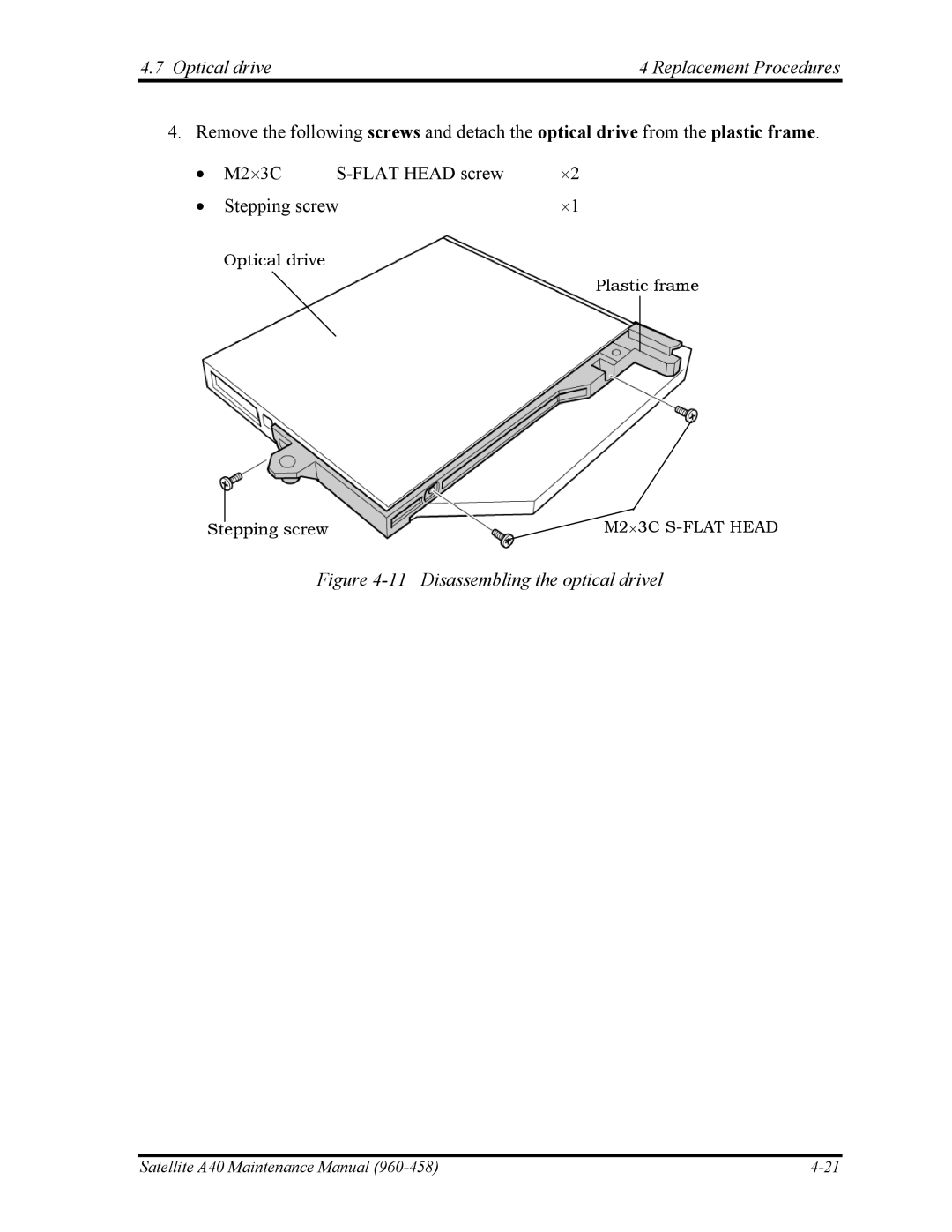 Toshiba A40 manual Disassembling the optical drivel 