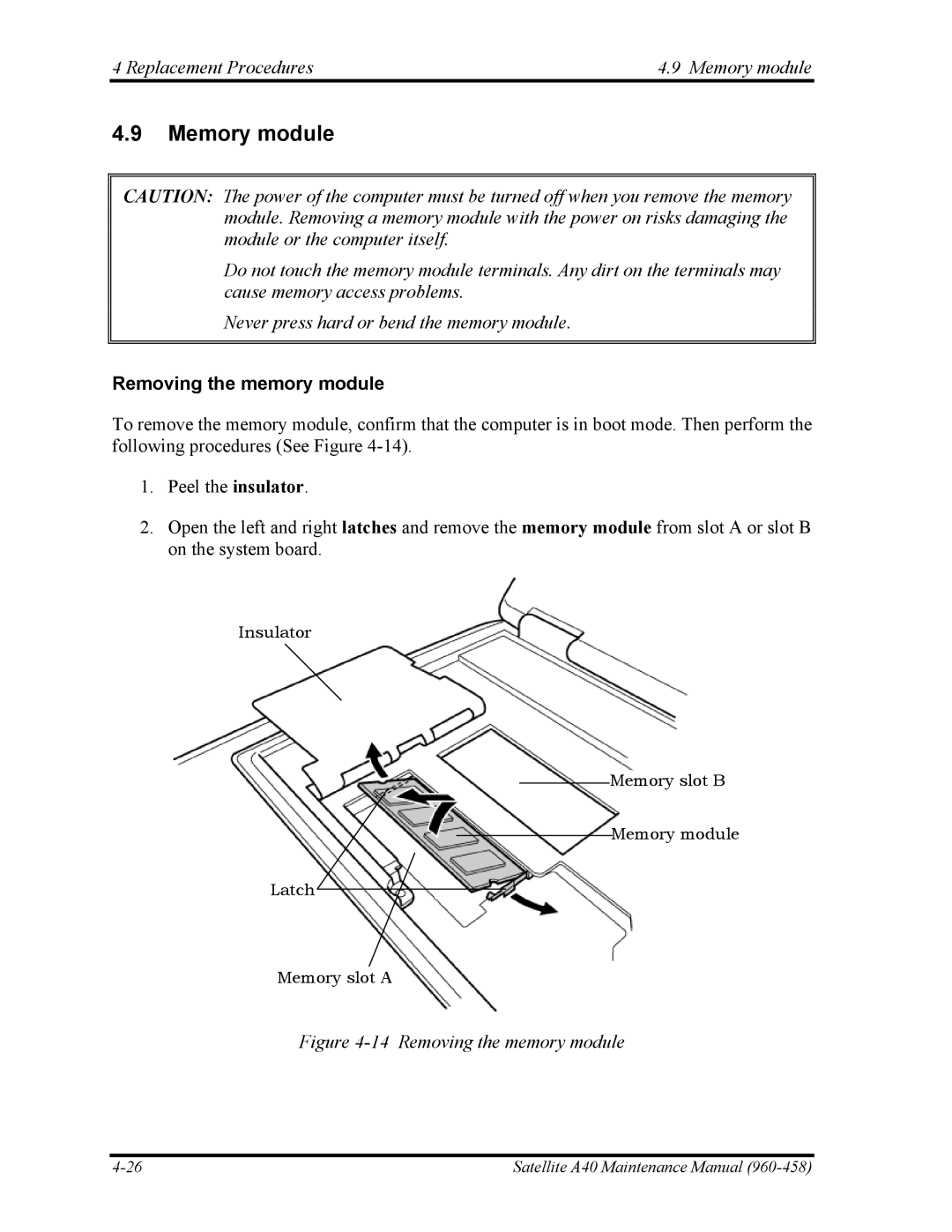 Toshiba A40 manual Replacement Procedures Memory module, Removing the memory module 
