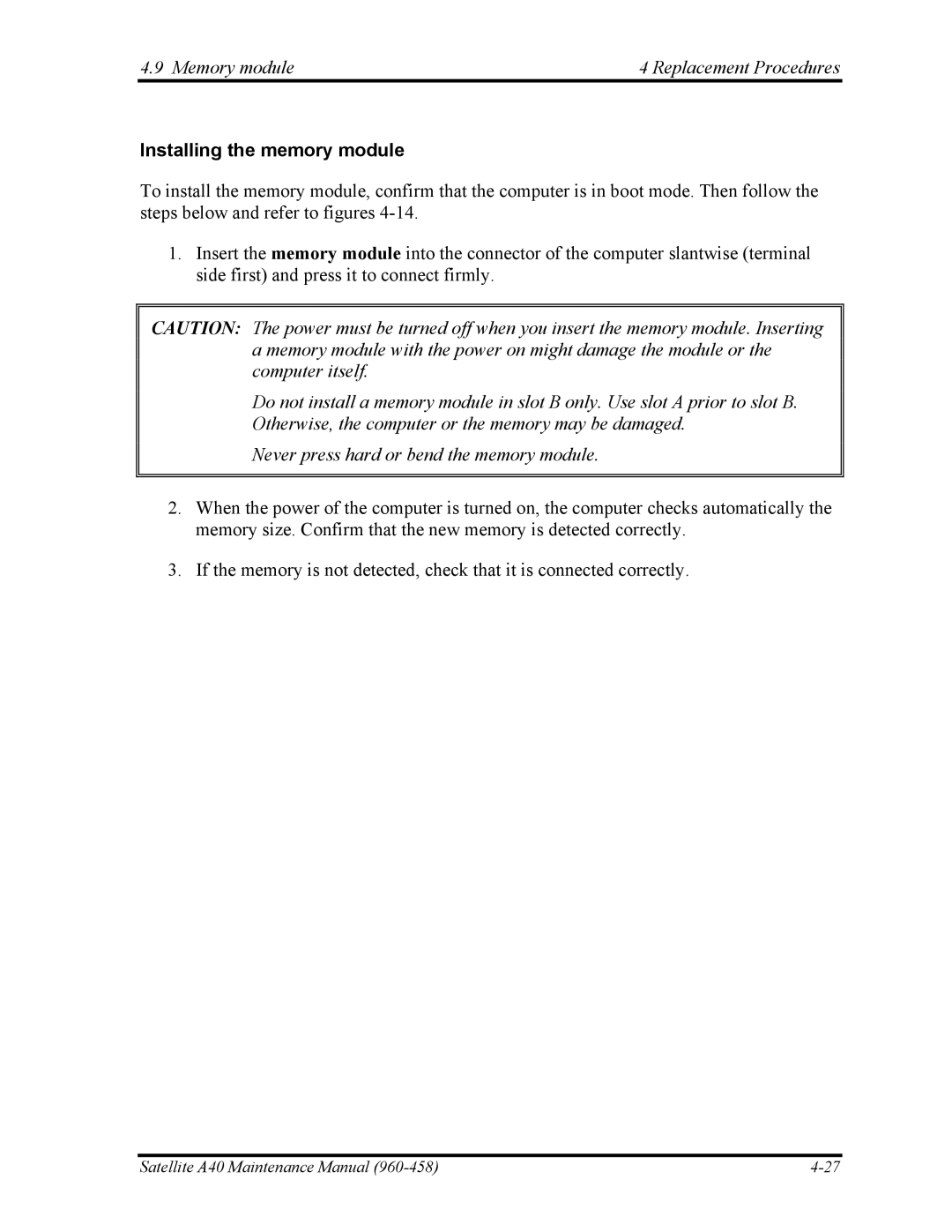 Toshiba A40 manual Memory module Replacement Procedures, Installing the memory module 