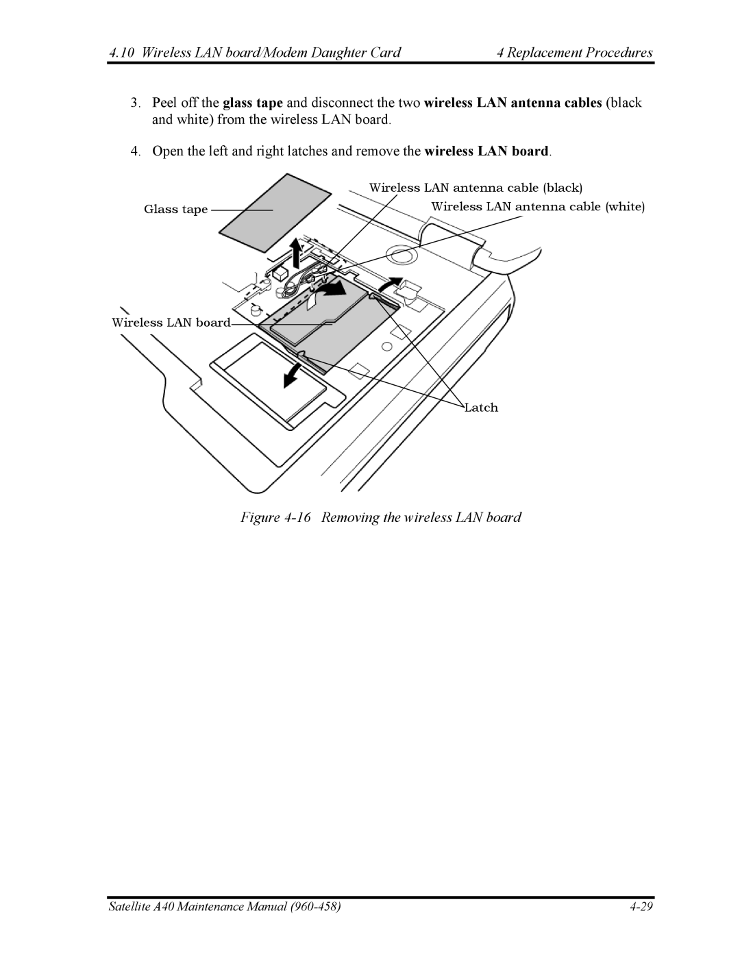 Toshiba A40 manual Removing the wireless LAN board 