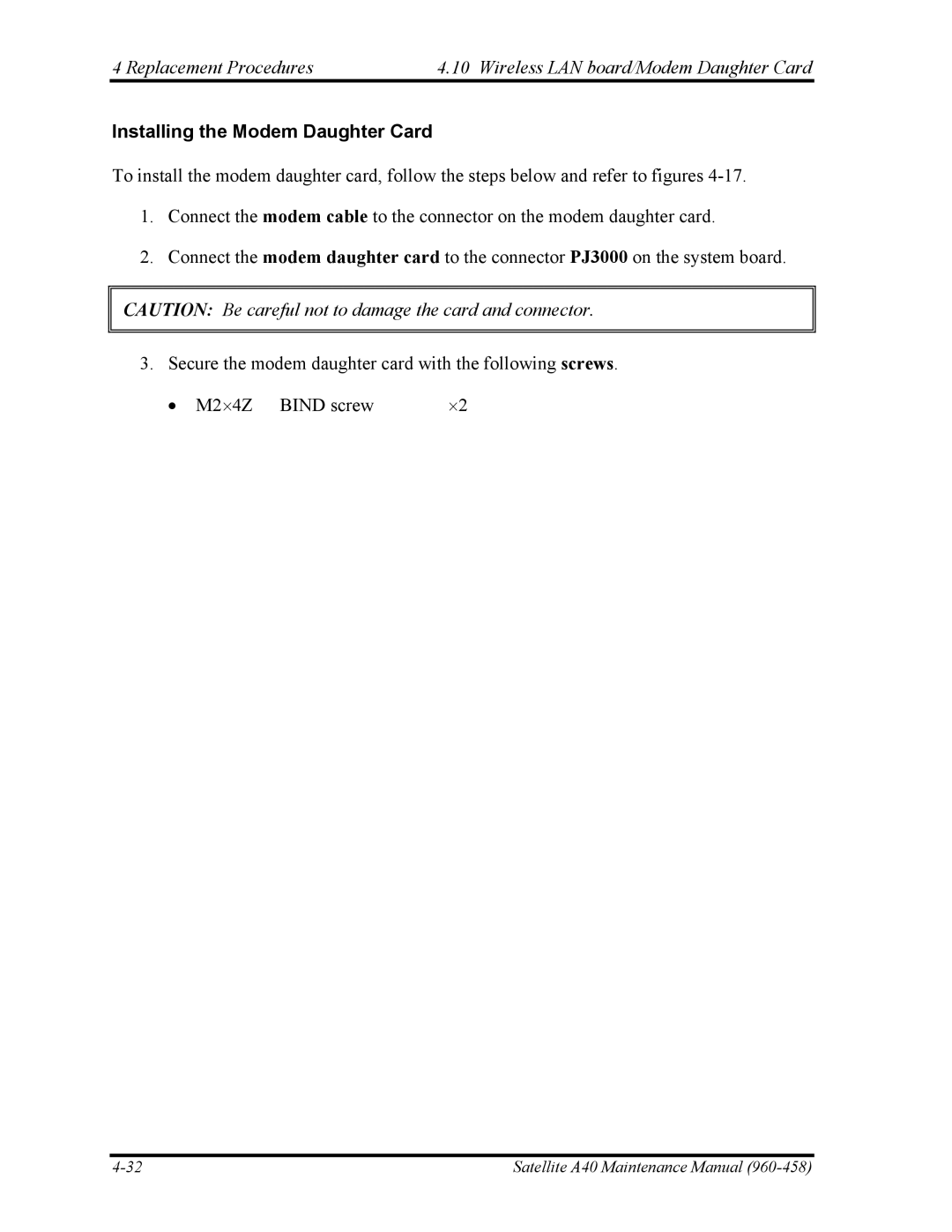 Toshiba A40 manual Installing the Modem Daughter Card 