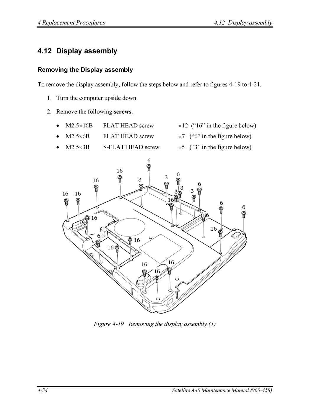 Toshiba A40 manual Replacement Procedures Display assembly, Removing the Display assembly 