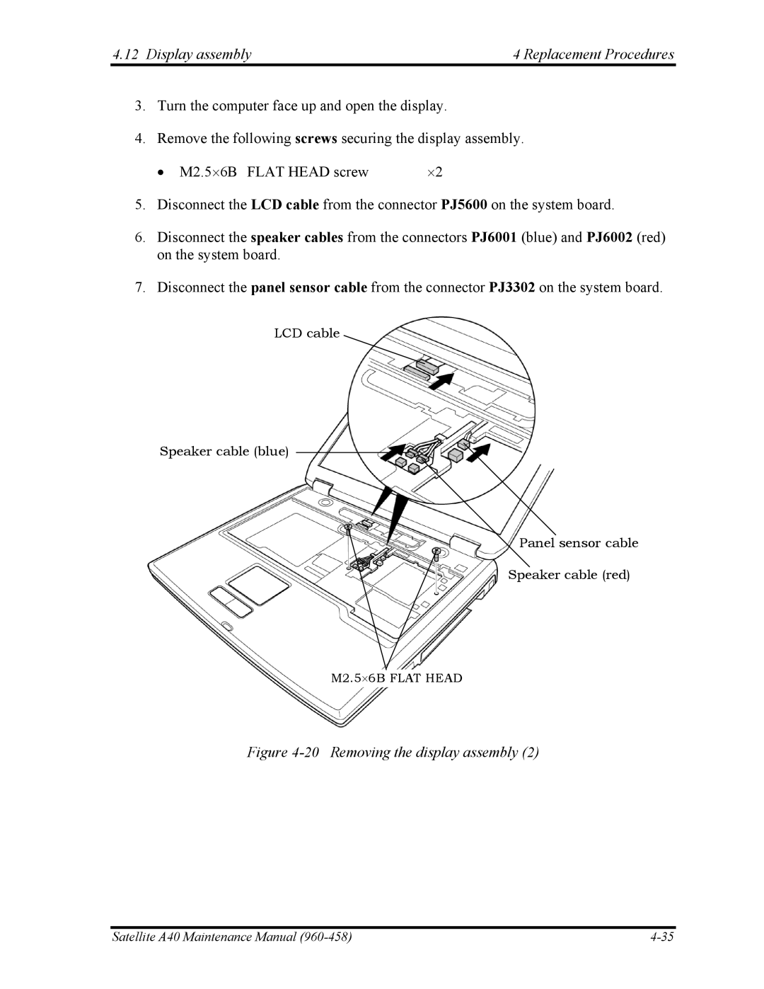 Toshiba A40 manual Display assembly Replacement Procedures, Removing the display assembly 