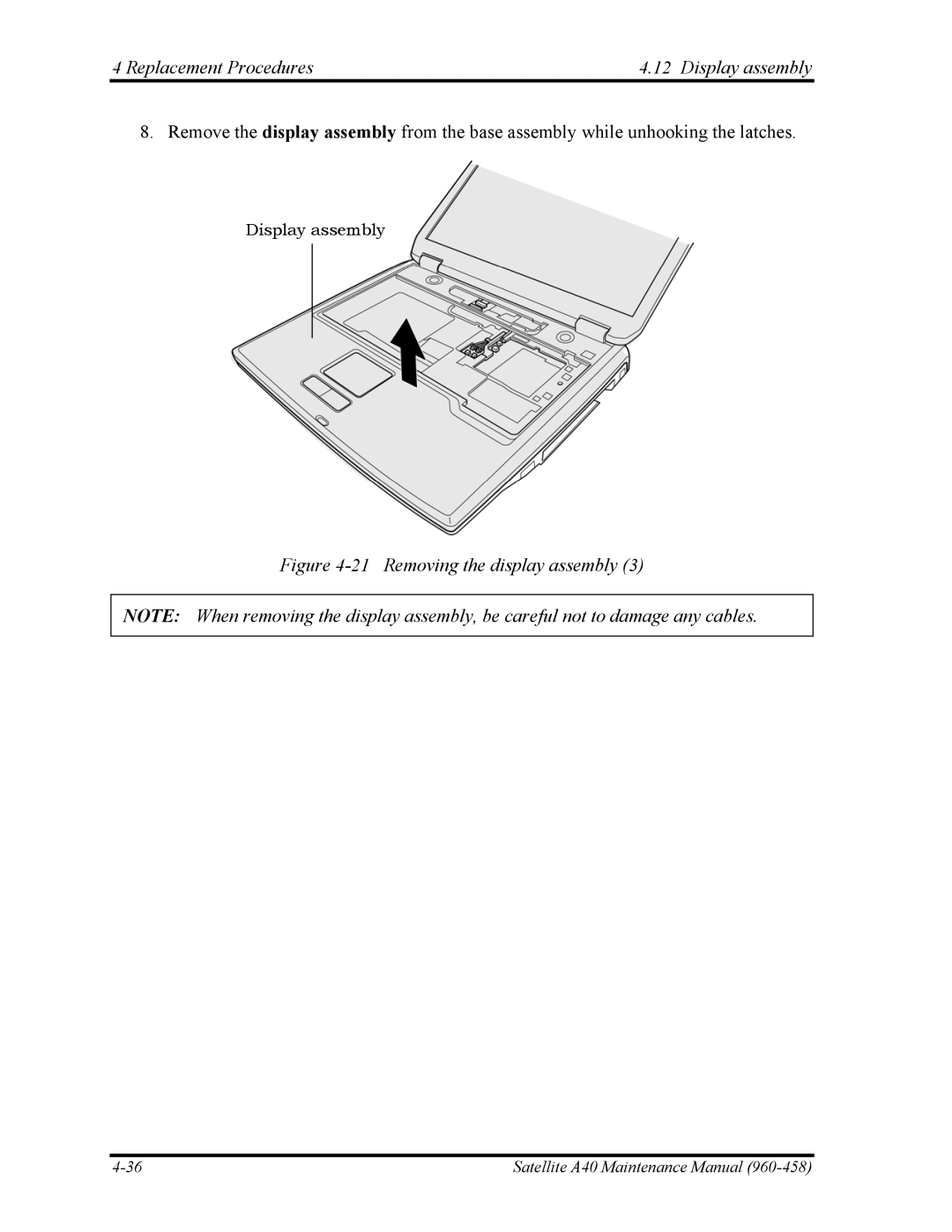 Toshiba A40 manual Removing the display assembly 