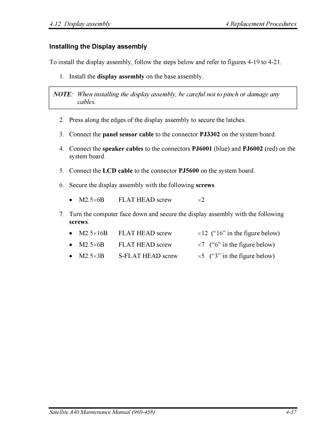 Toshiba A40 manual Installing the Display assembly 