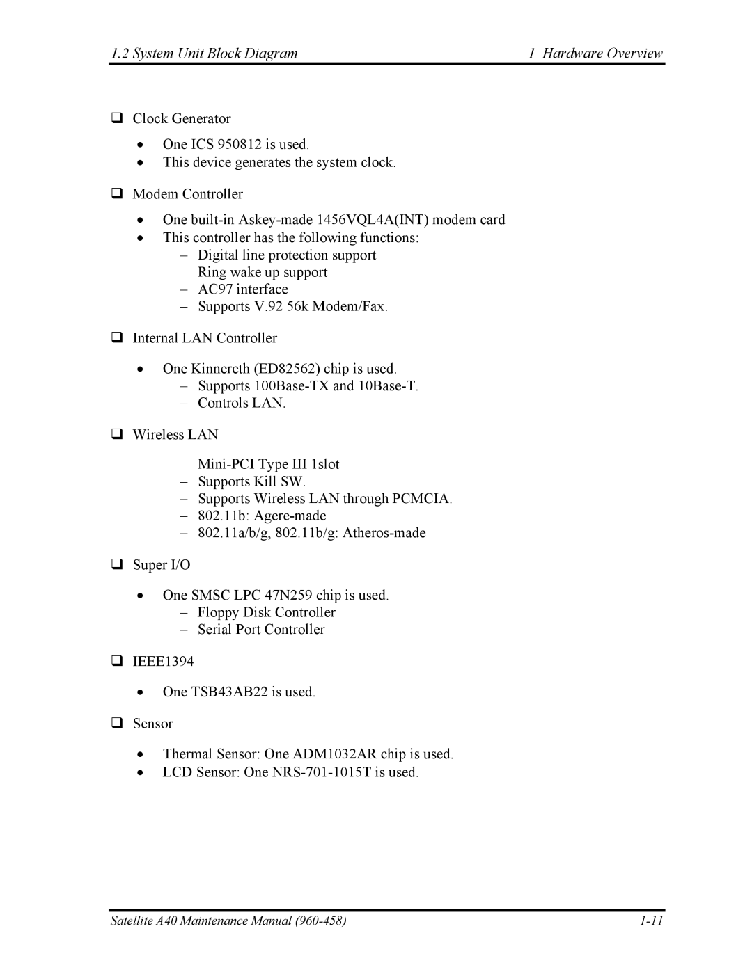 Toshiba A40 manual System Unit Block Diagram Hardware Overview 