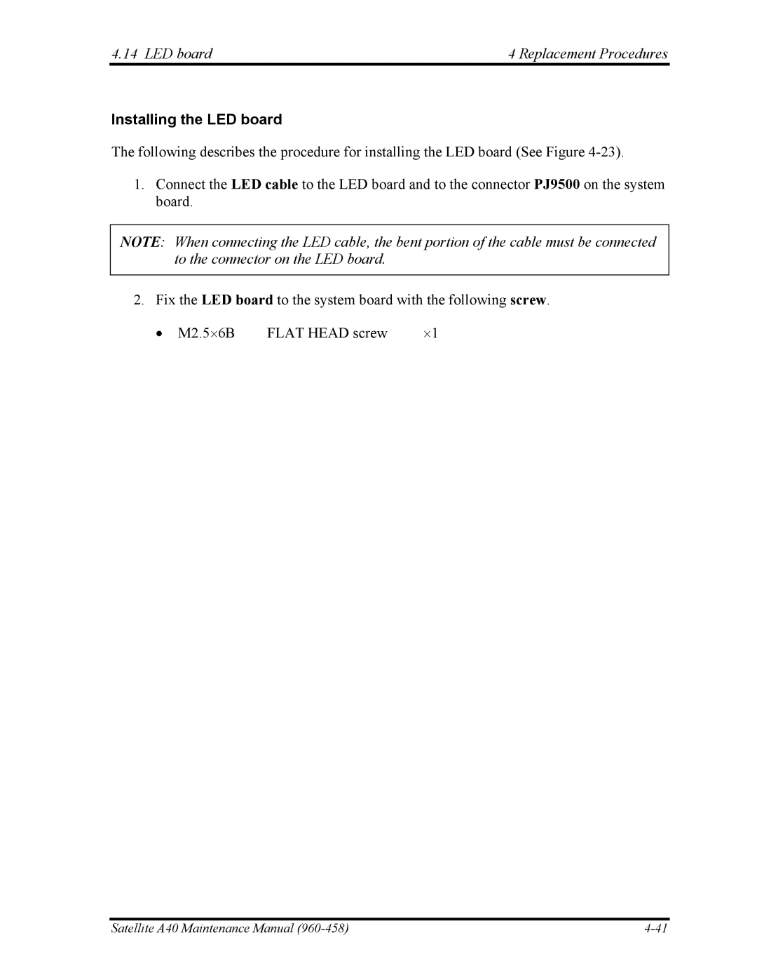 Toshiba A40 manual LED board Replacement Procedures, Installing the LED board 