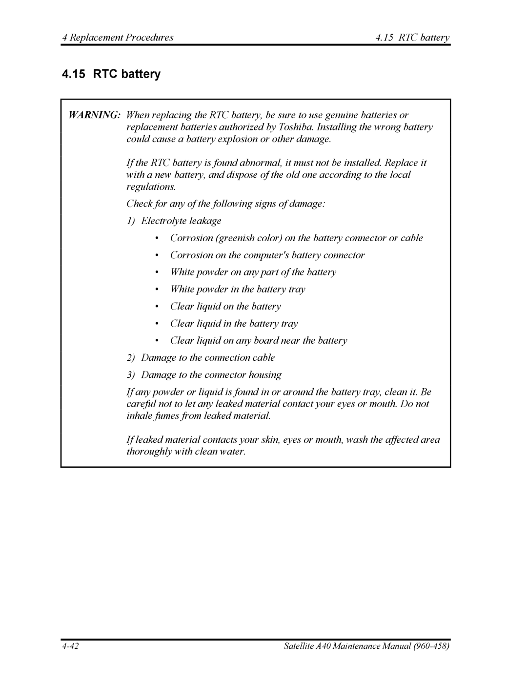 Toshiba A40 manual Replacement Procedures RTC battery 