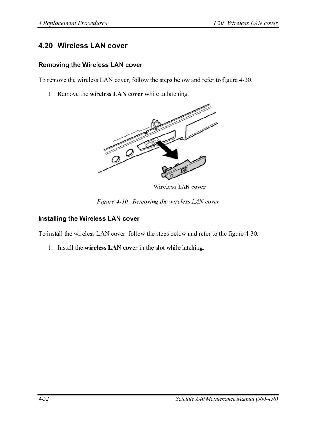 Toshiba A40 manual Replacement Procedures Wireless LAN cover, Removing the Wireless LAN cover 